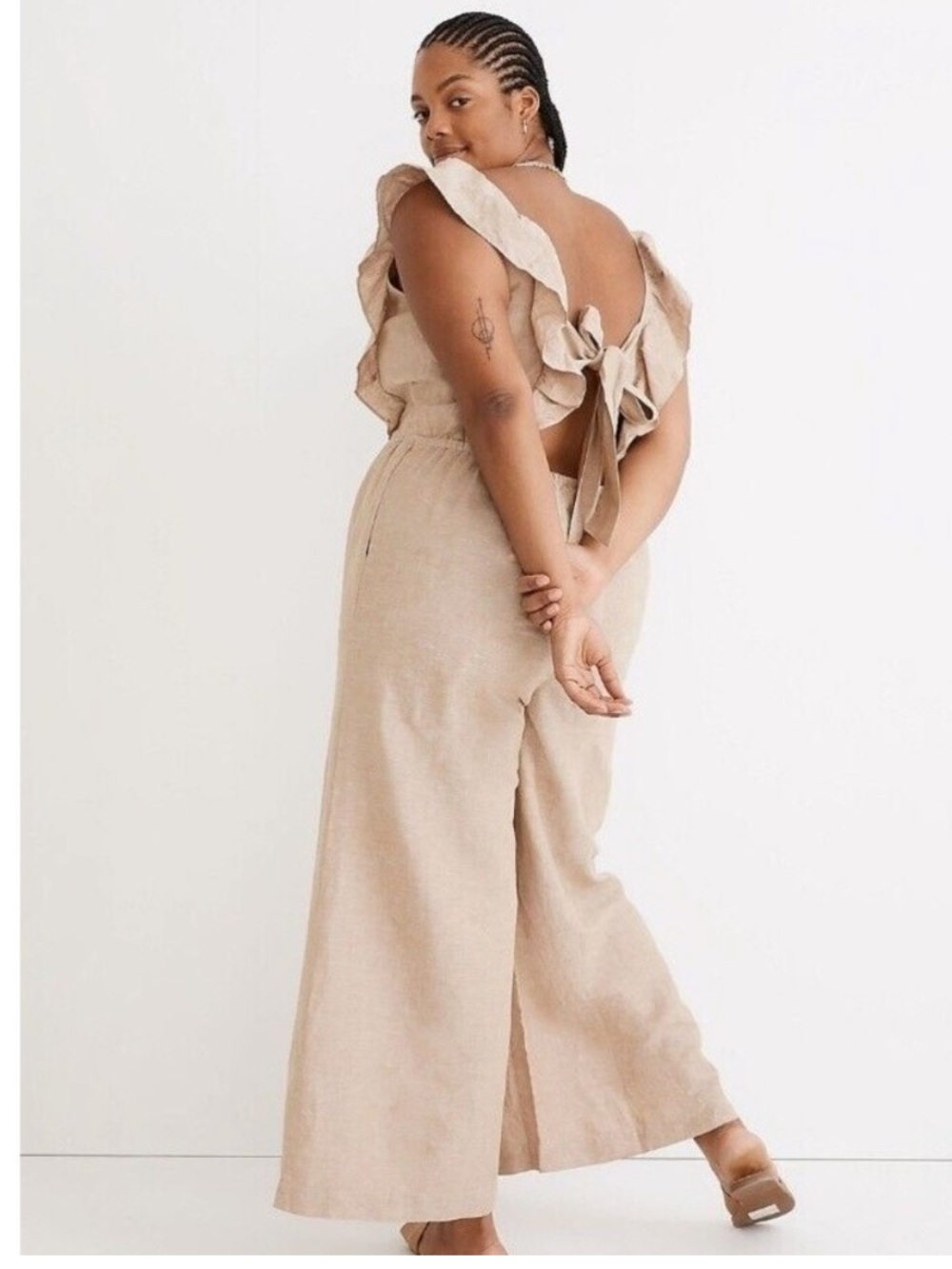 Madewell linen jumpsuit ruffle open back 14 plus size